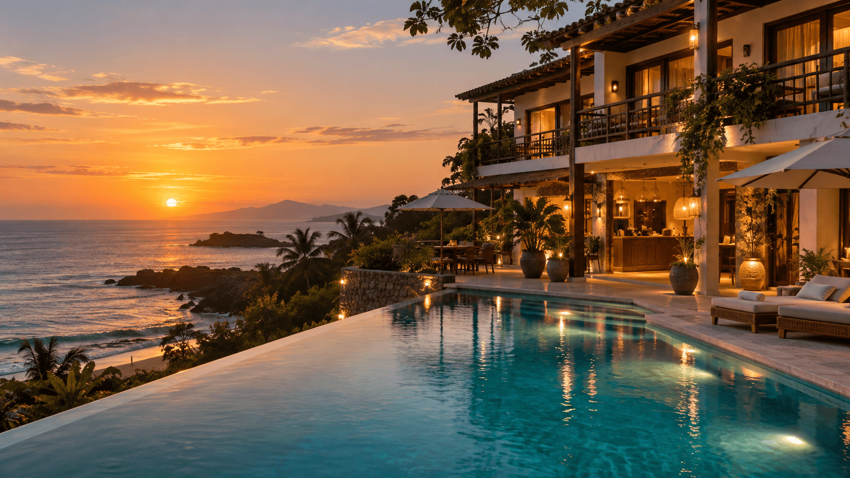 Hospedagem costeira com piscina ao por do sol