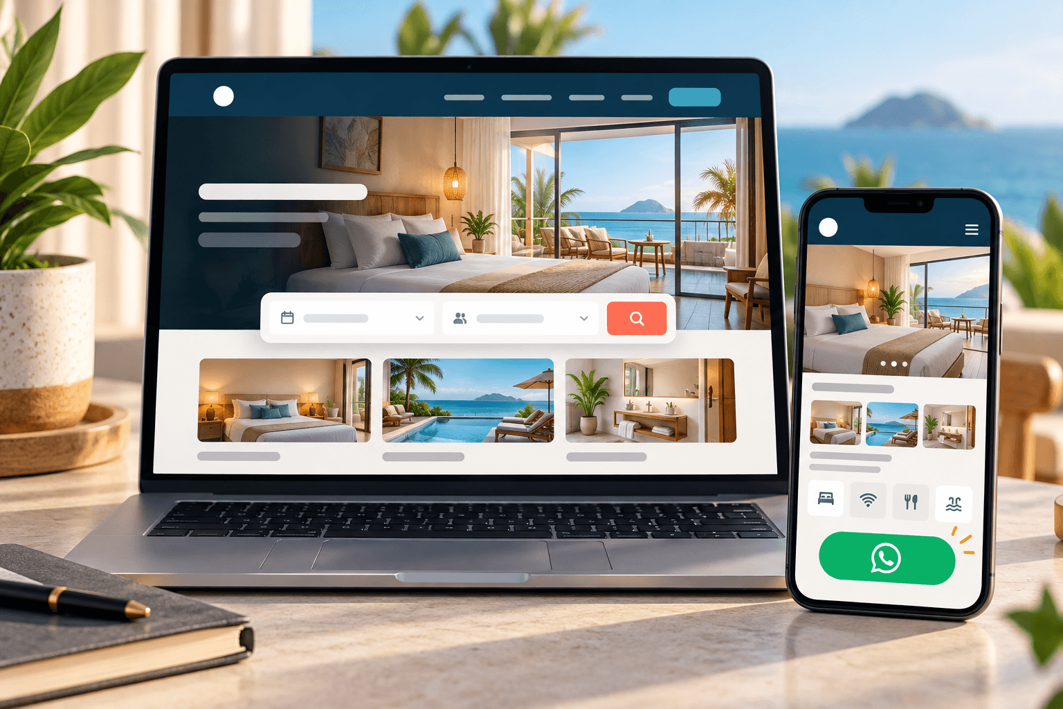 Mockup visual de site moderno de hospedagem com contato pelo WhatsApp